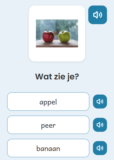 Een leerling kiest het juiste woord bij een plaatje van een appel en een peer